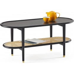 Harmati Coffee Table for Living Room Black Accent Table with Storage Mid Century Modern Tables Solid Wood Legs & Natural Rattan