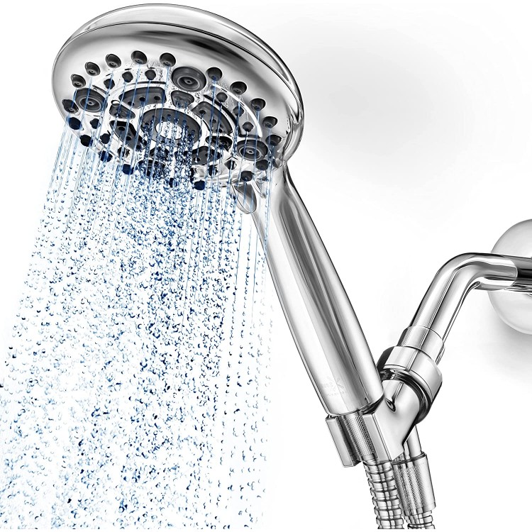 LOKBY High-Pressure Handheld Shower Head 6-Setting 5 Inch Handheld Rain Shower with Hose Powerful Shower Spray Even with Low Water Pressure in Supply Pipeline Low Flow Shower-Head Chrome