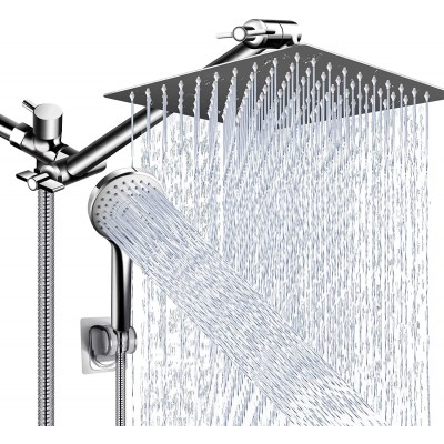 Shower Head Combo,10 Inch High Pressure Rain Shower Head with 11 Inch Adjustable Extension Arm and 5 Settings Handheld Shower Head Combo,Powerful Shower Spray Against Low Pressure Water with Long Hose